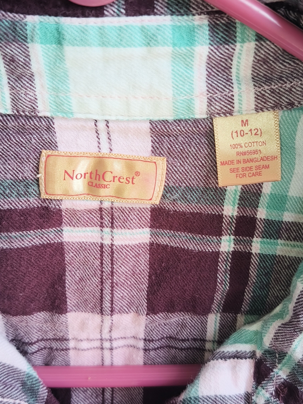 NorthCrest Long Sleeve Shirt In Burgundy, Mint, and White Plaid. (WS 54) - Picture 3 of 4